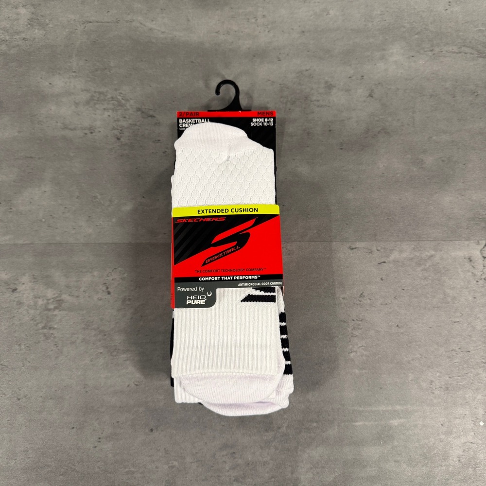 Skechers Basketball Crew Socks Mens L Z00884HBWBK White Black 2-Pack NEW